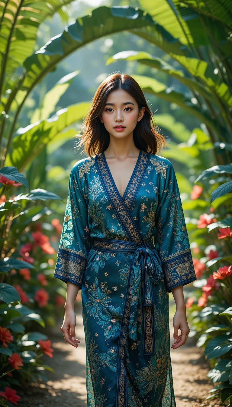 Chica coreana con vestido de seda batik caminando por un jardín tropical