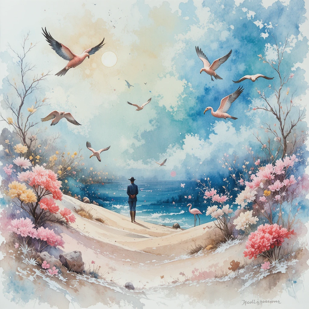 Impressão em aquarela onírica com sobreposição de texto poético