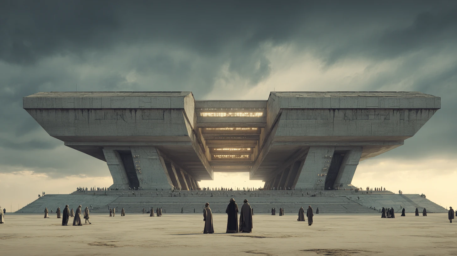 Exército futurista infinito reunido em uma arena brutalista