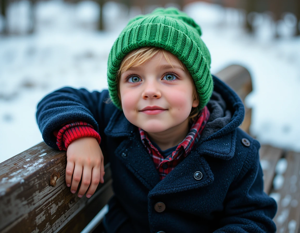 Jeune garçon espiègle avec bonnet vert sur banc en bois extérieur