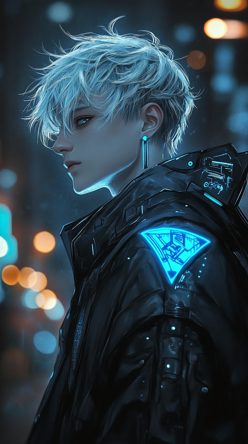 Homem de anime pensativo em uma cidade futurista iluminada por néon