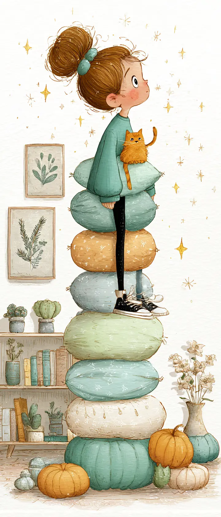 Little girl balancing pastel pillows with curious cat