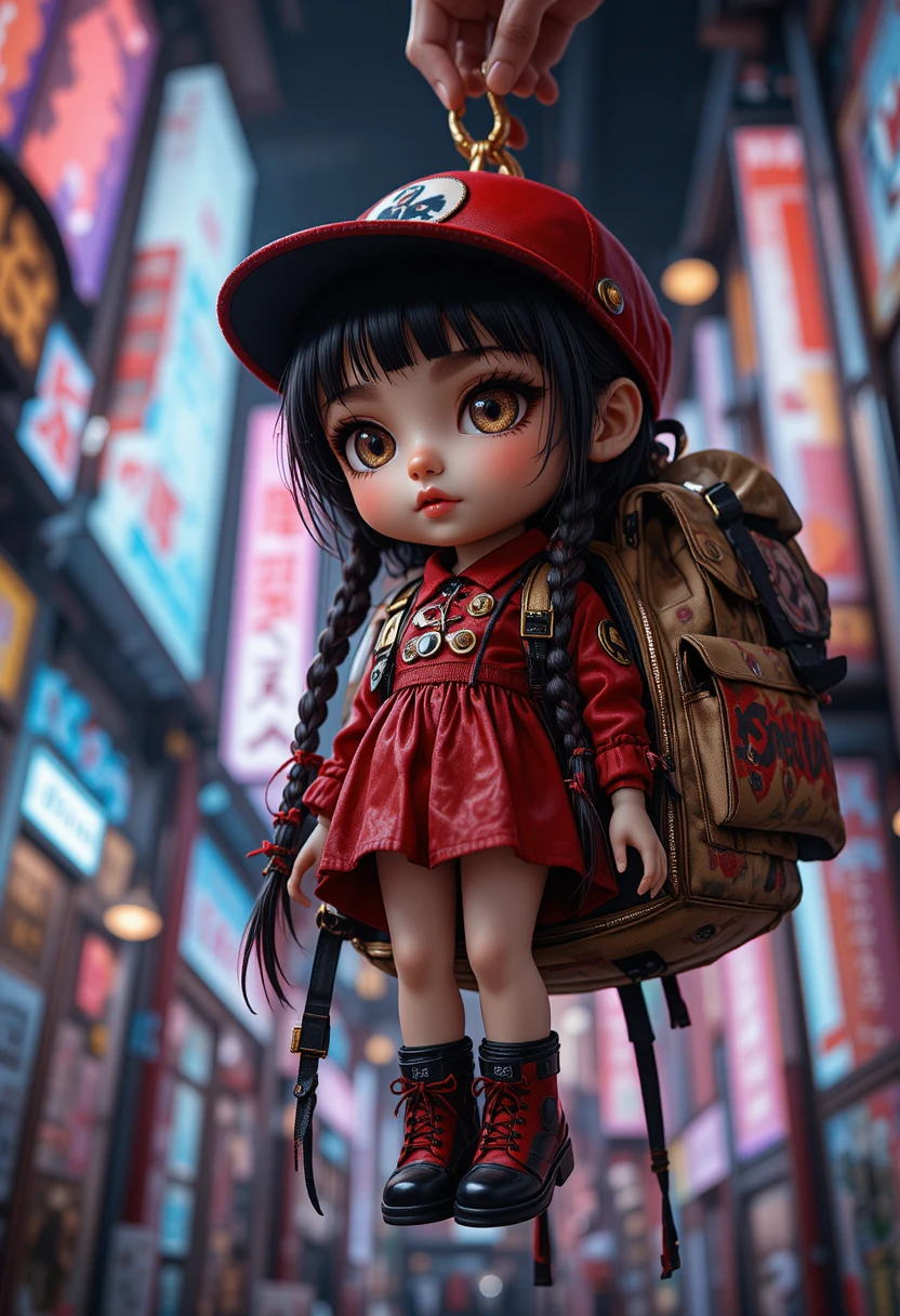Boneca de pano escarlate pendurada em uma mochila estilo Harajuku