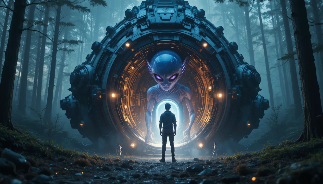 Adieux à un vaisseau spatial entre alien et garçon dans une forêt lumineuse