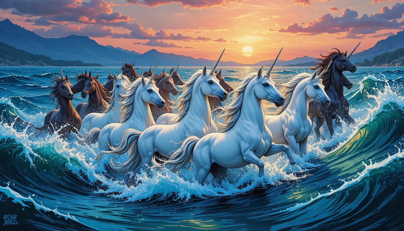 Mandria di unicorni al galoppo tra onde oceaniche al tramonto