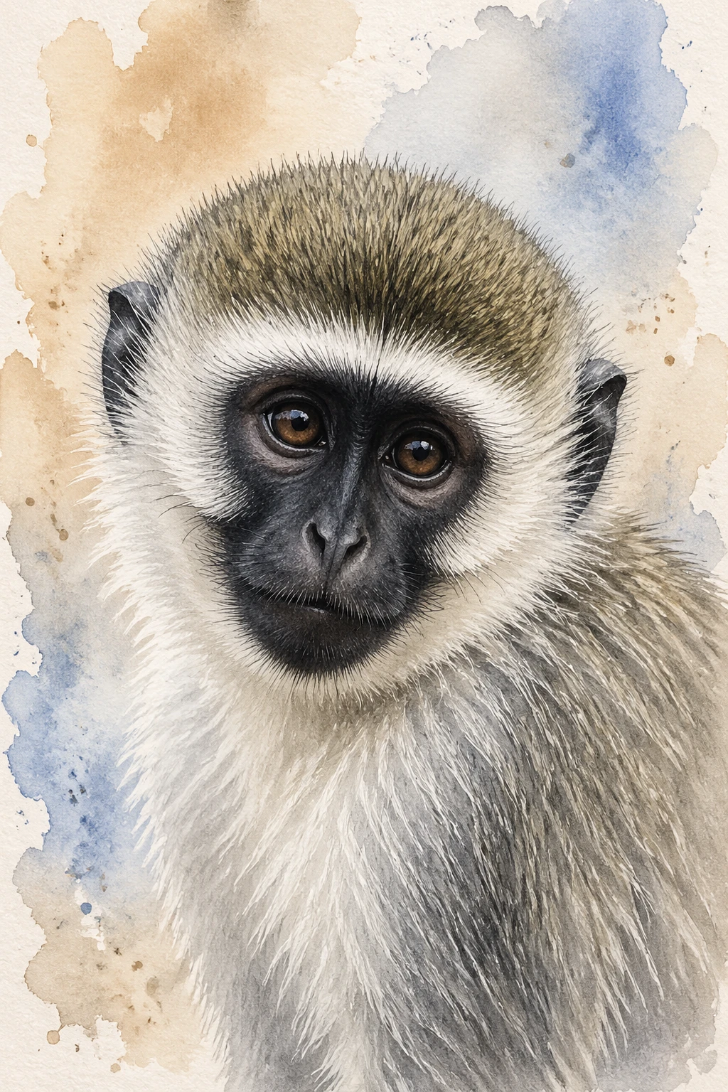 Close em aquarela de um macaco-vervet com fundo abstrato suave