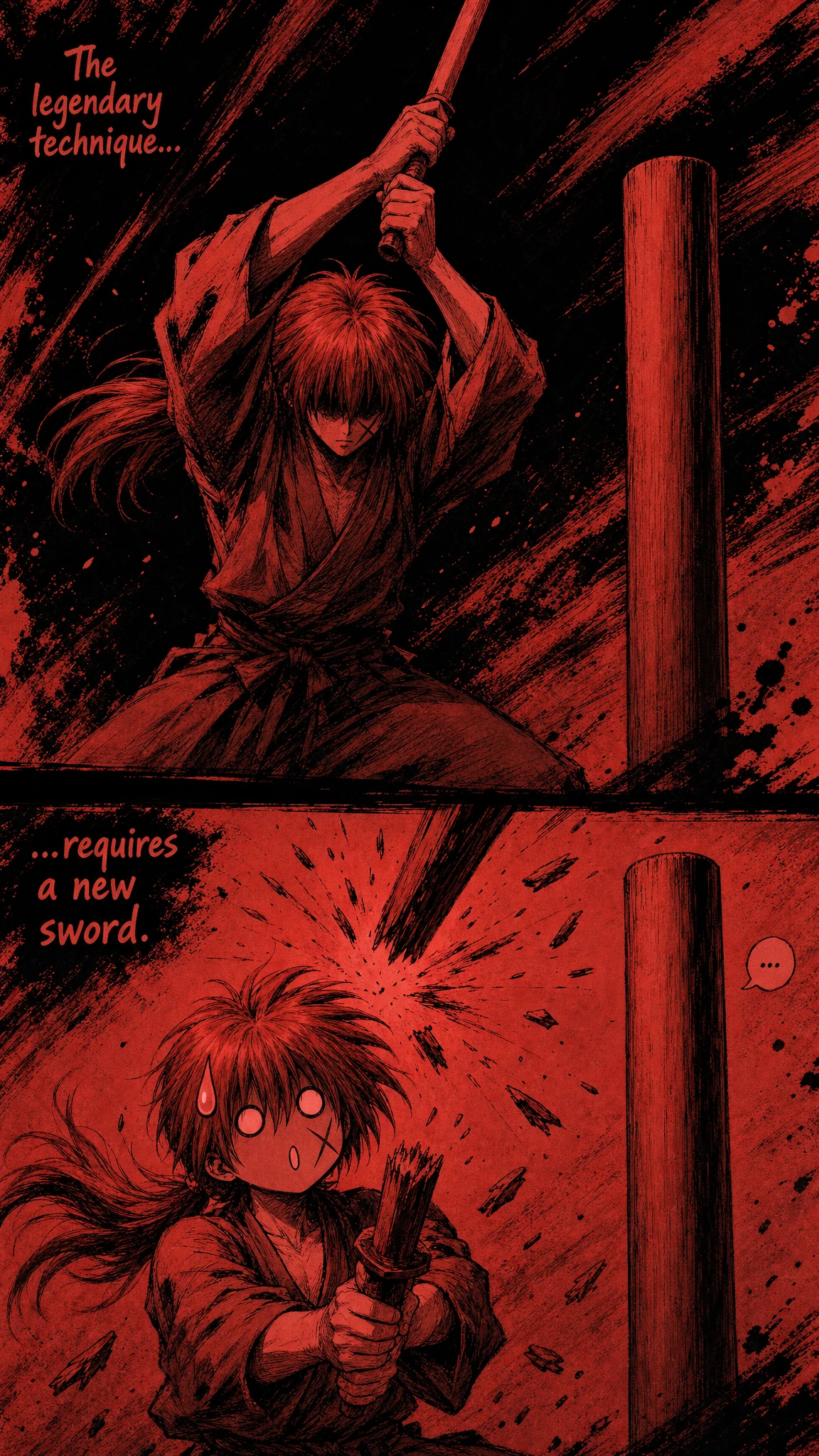 Treino de samurai com balanço e piada de espada de madeira quebrada