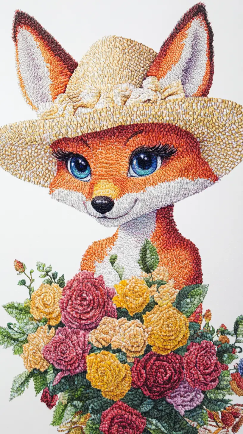 Niedlicher anthropomorpher Fuchs mit Rosen im Buntstiftstil