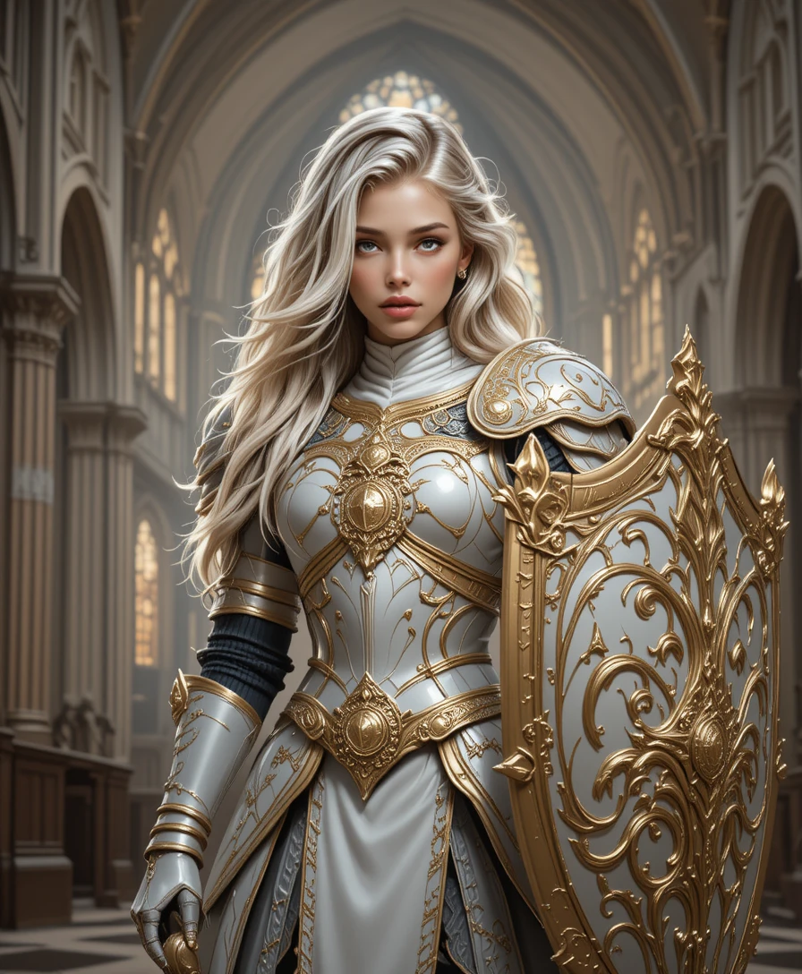 Guerrera acorazada en catedral con escudo y espada