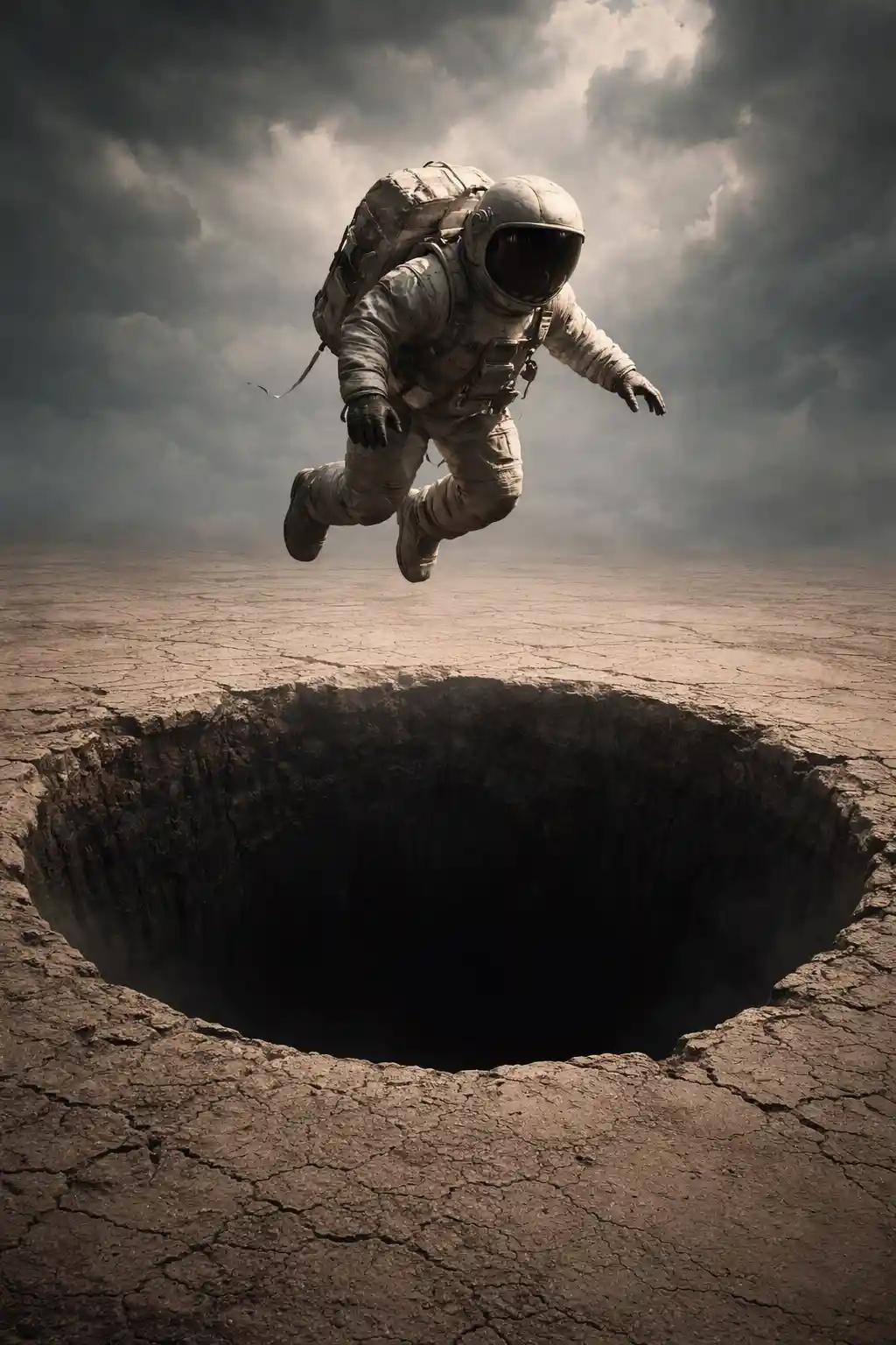 Astronaut Falling Above A Dark Abyss In Cracked Desert