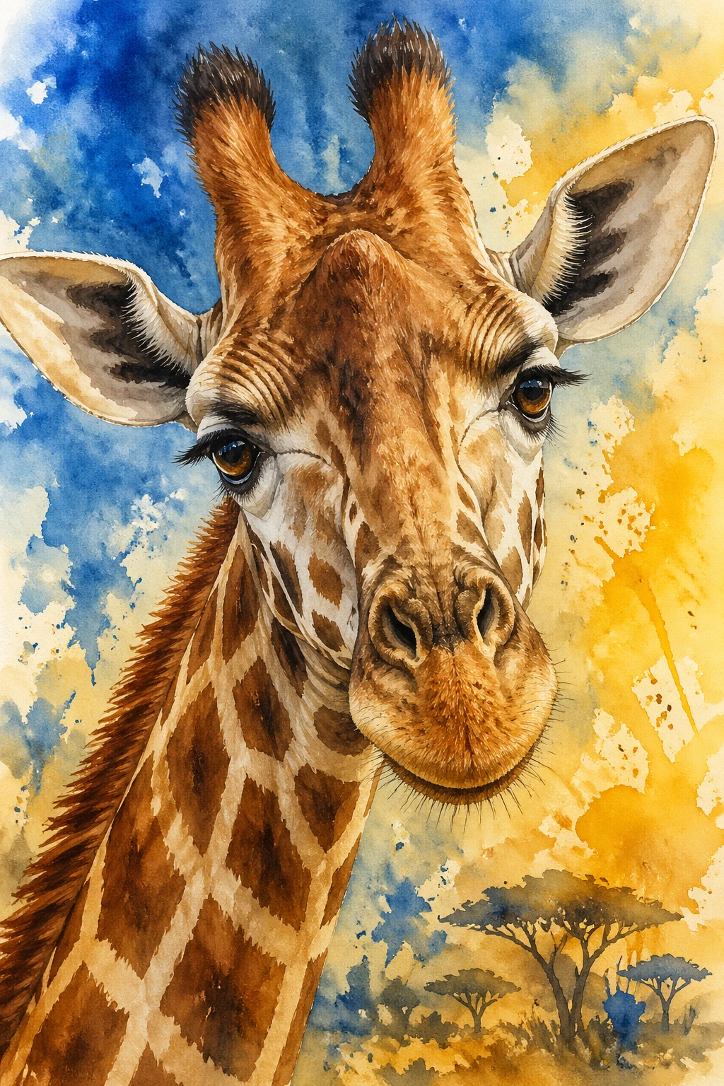 Close em aquarela da cabeça de uma girafa com fundo colorido