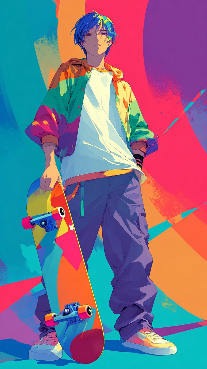 Personagem de anime com skate colorido em fundo abstrato