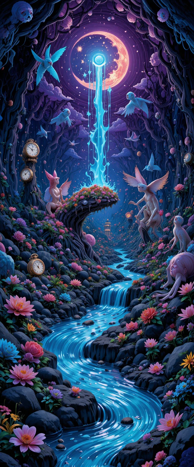 Monde onirique surréaliste avec créatures fantasques et horloges fondantes