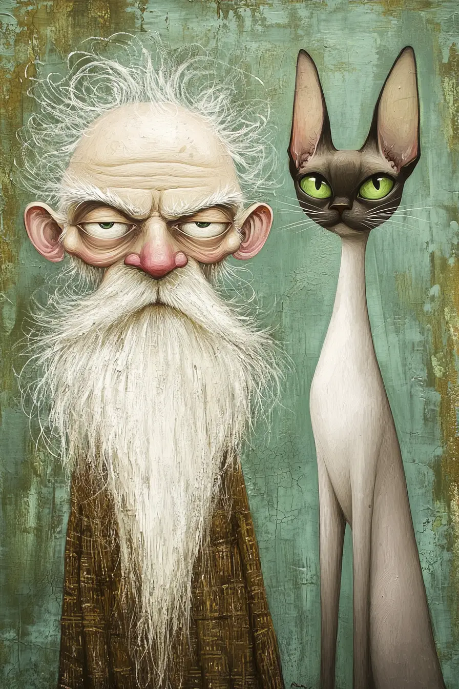 Retrato folclórico y fantasioso de un anciano y un gato