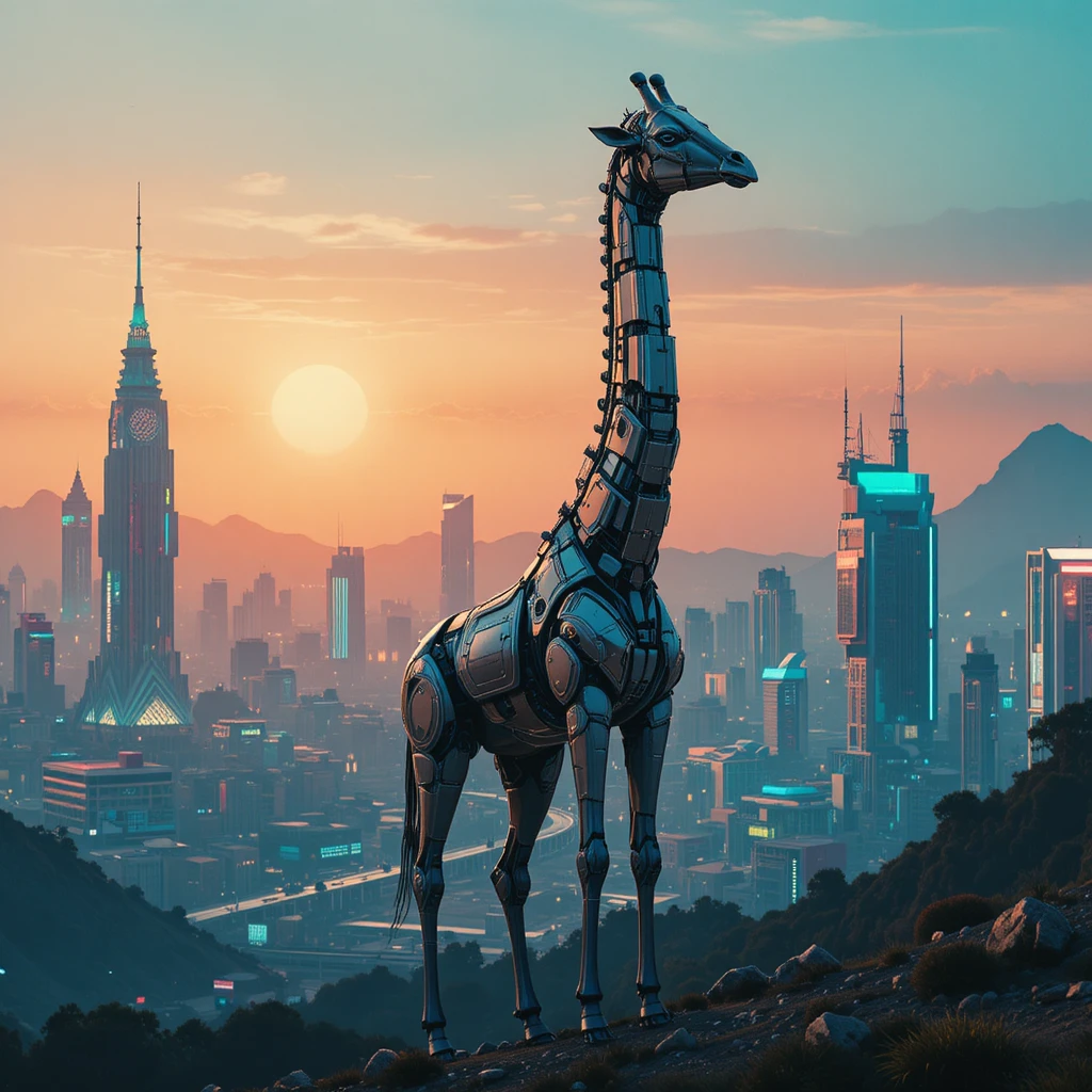 Roboter-Giraffe streift durch eine neonbeleuchtete Cyberpunk-Stadt bei Sonnenuntergang