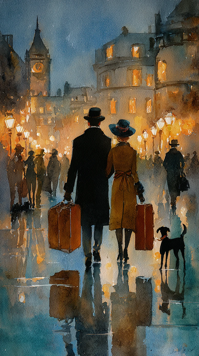 Pareja elegante con perro paseando por una calle de París de noche