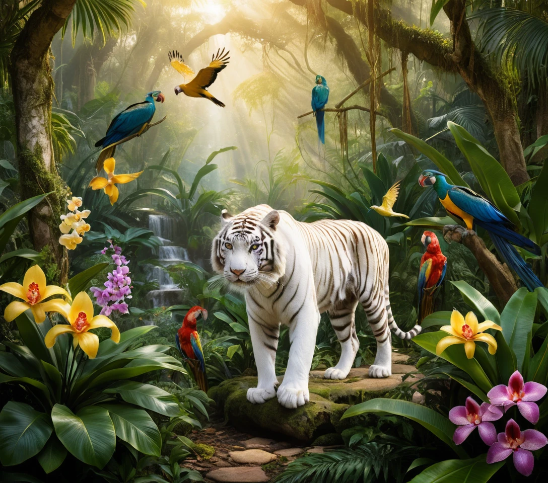 Weißer Tiger, der durch einen üppigen tropischen Dschungel läuft