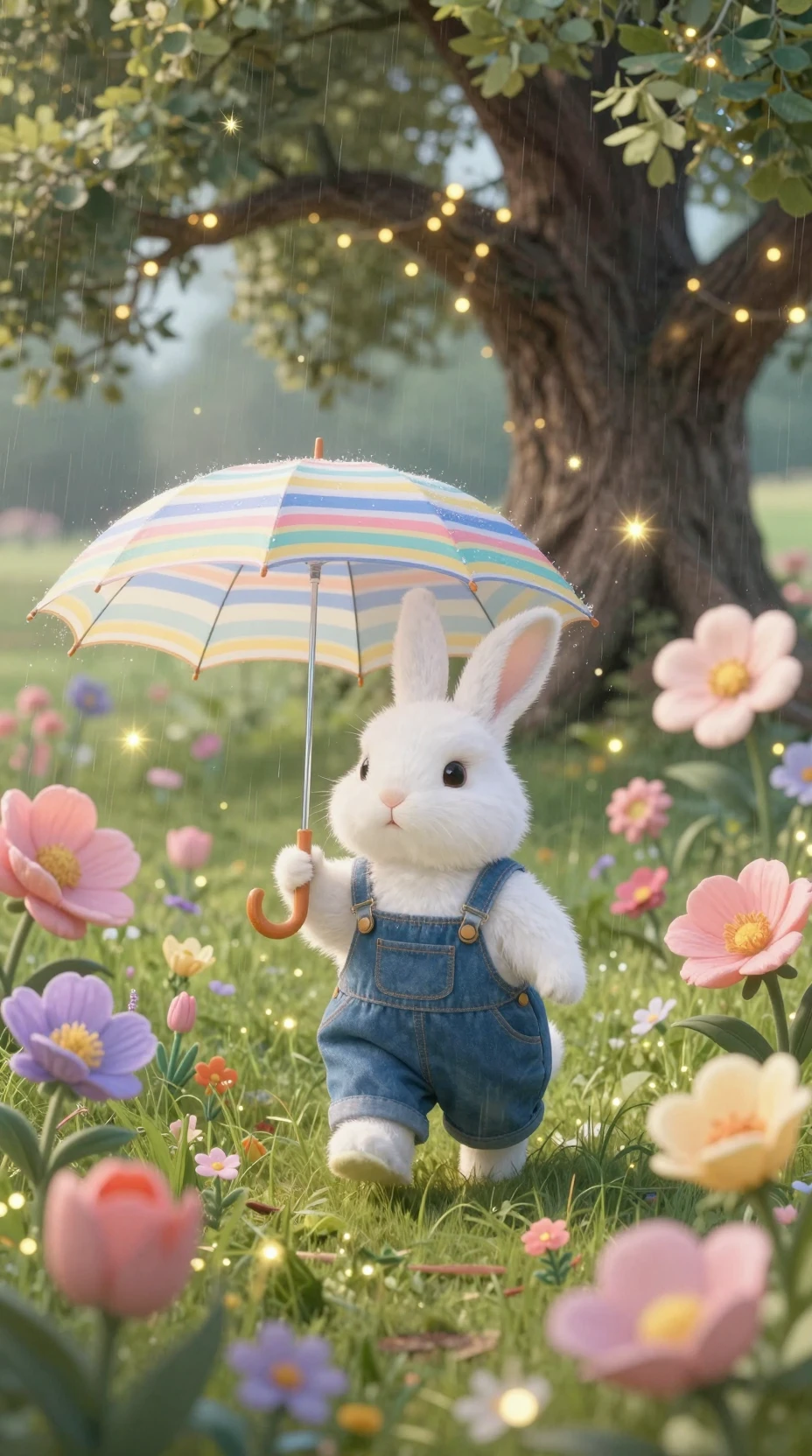 Coelhinho branco fofo de jardineira sob um guarda-chuva listrado
