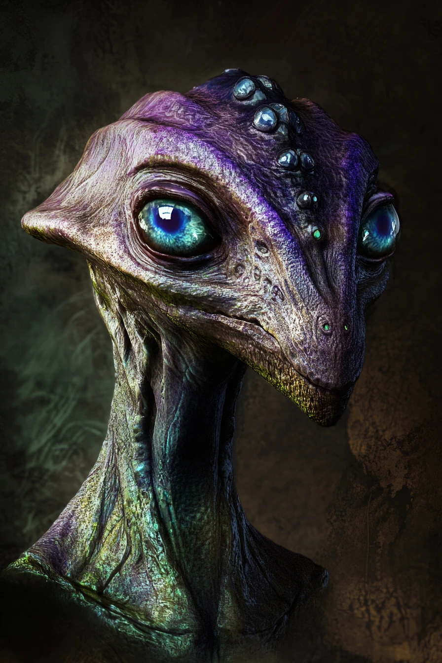 Portrait d’alien aux six yeux bleus lumineux dans l’obscurité