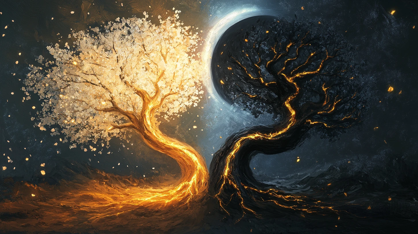 Árboles yin yang con luz brillante y fuerte contraste de sombras
