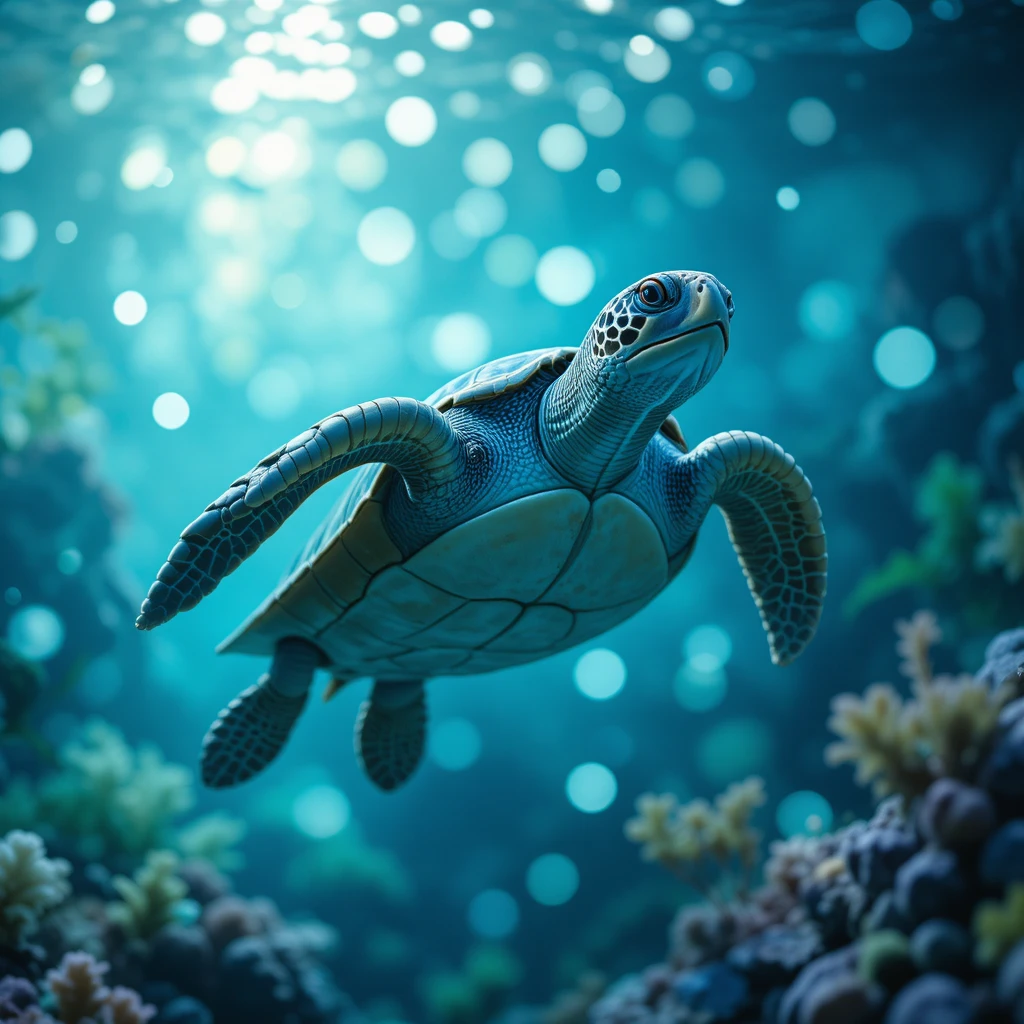 Tortuga marina juguetona en un tranquilo acuario submarino con bokeh