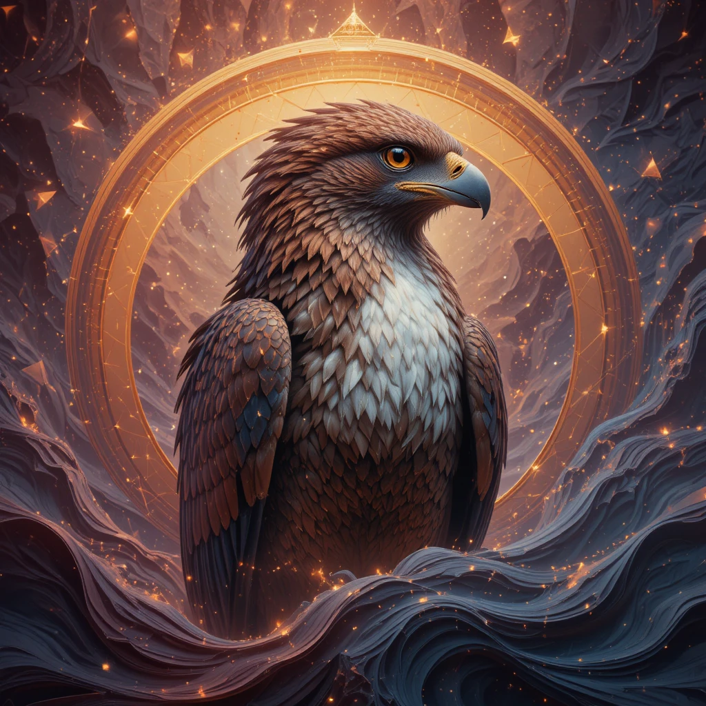 Aquila arpia contro una marea geometrica cosmica in cremisi e oro