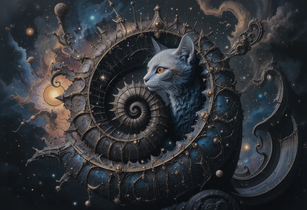 Majestätische, königliche Katze zwischen kosmischen Muscheln und Fraktalformen