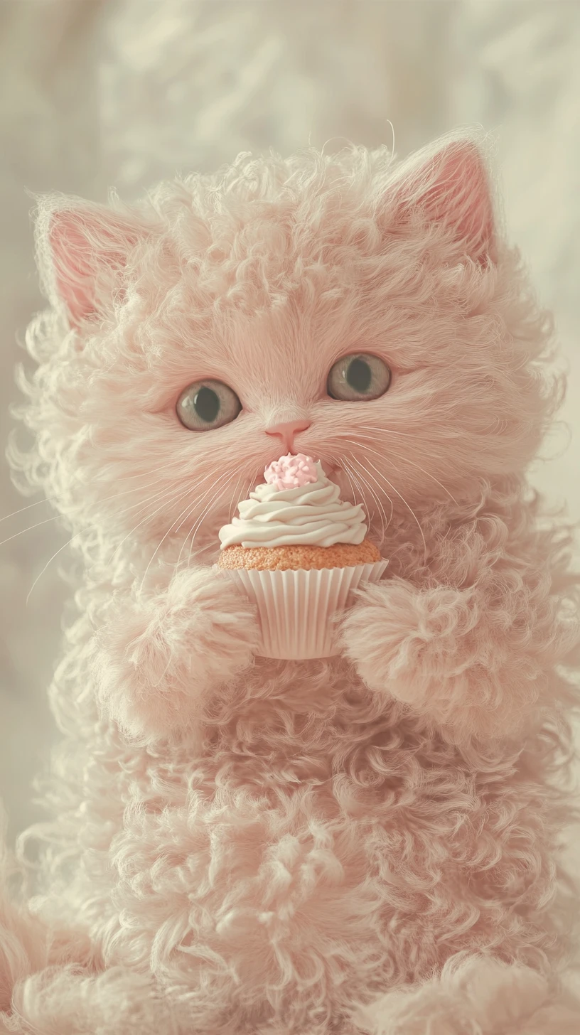 Illustration d’un chaton dodu et tout doux tenant un minuscule cupcake