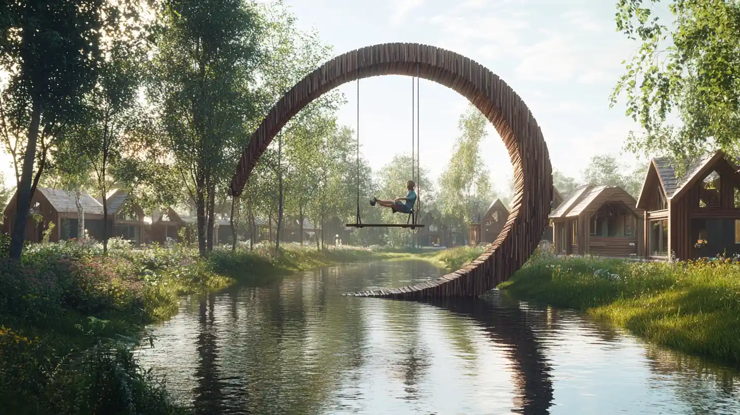 Bambino su un’altalena sul fiume in una struttura di legno da sogno