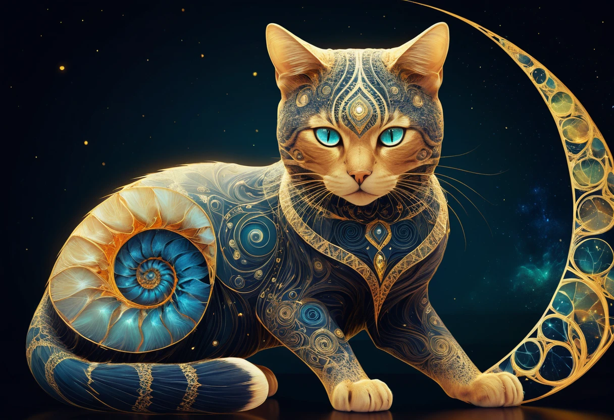 Chat mystique avec coquille de nautile dans une géométrie sacrée lumineuse