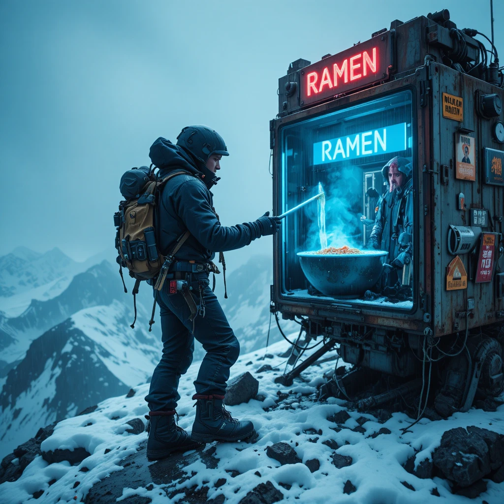 Alpinista exausto comprando lámen em máquina alpina neon