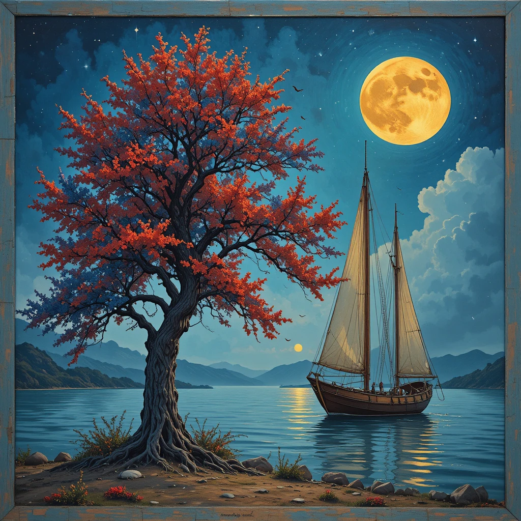 Árbol surrealista junto a velero bajo una luna amarilla brillante