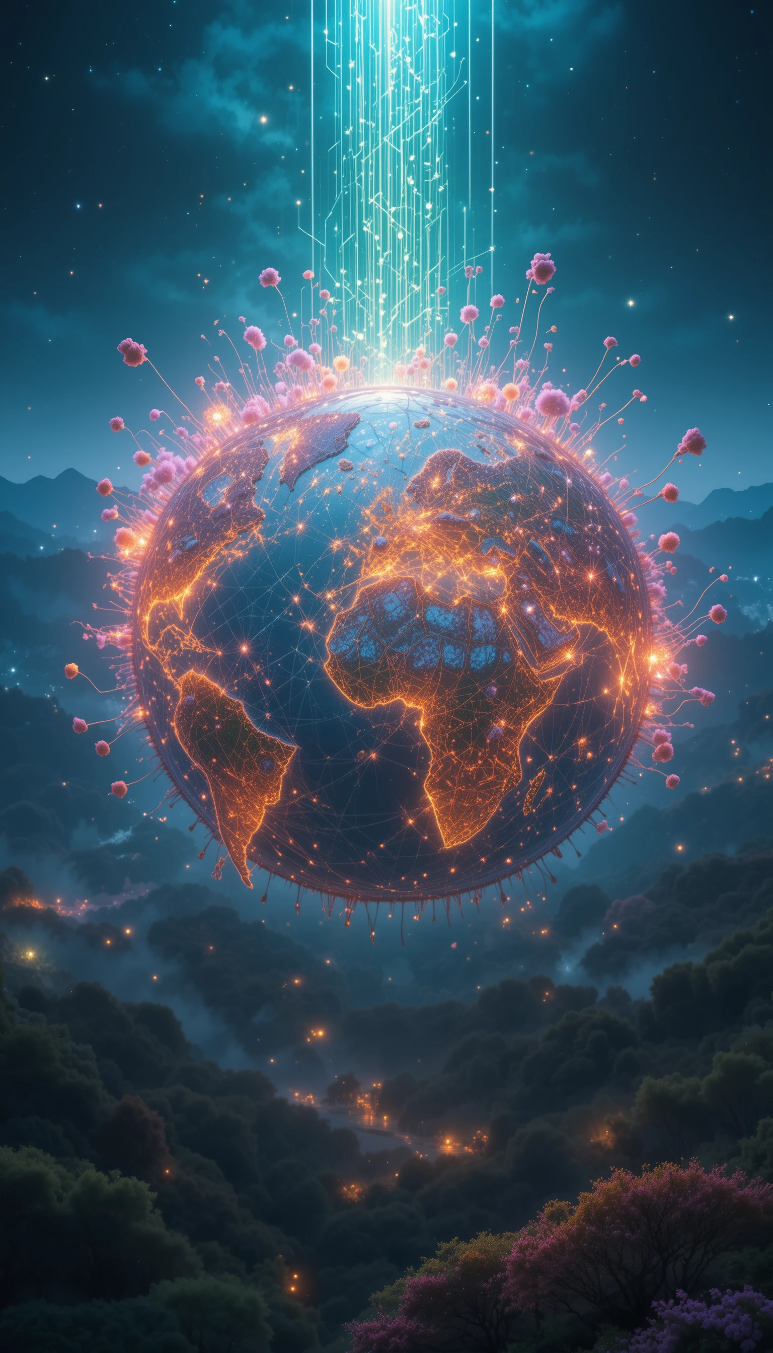 Terra connessa da reti digitali floreali luminose in primavera