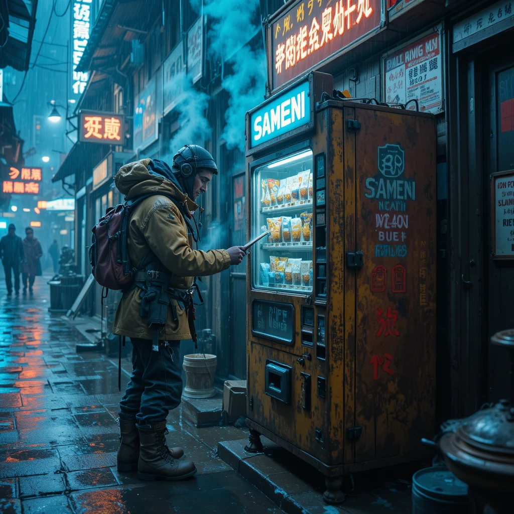 Montanhista exausto comprando lámen neon em um beco chuvoso