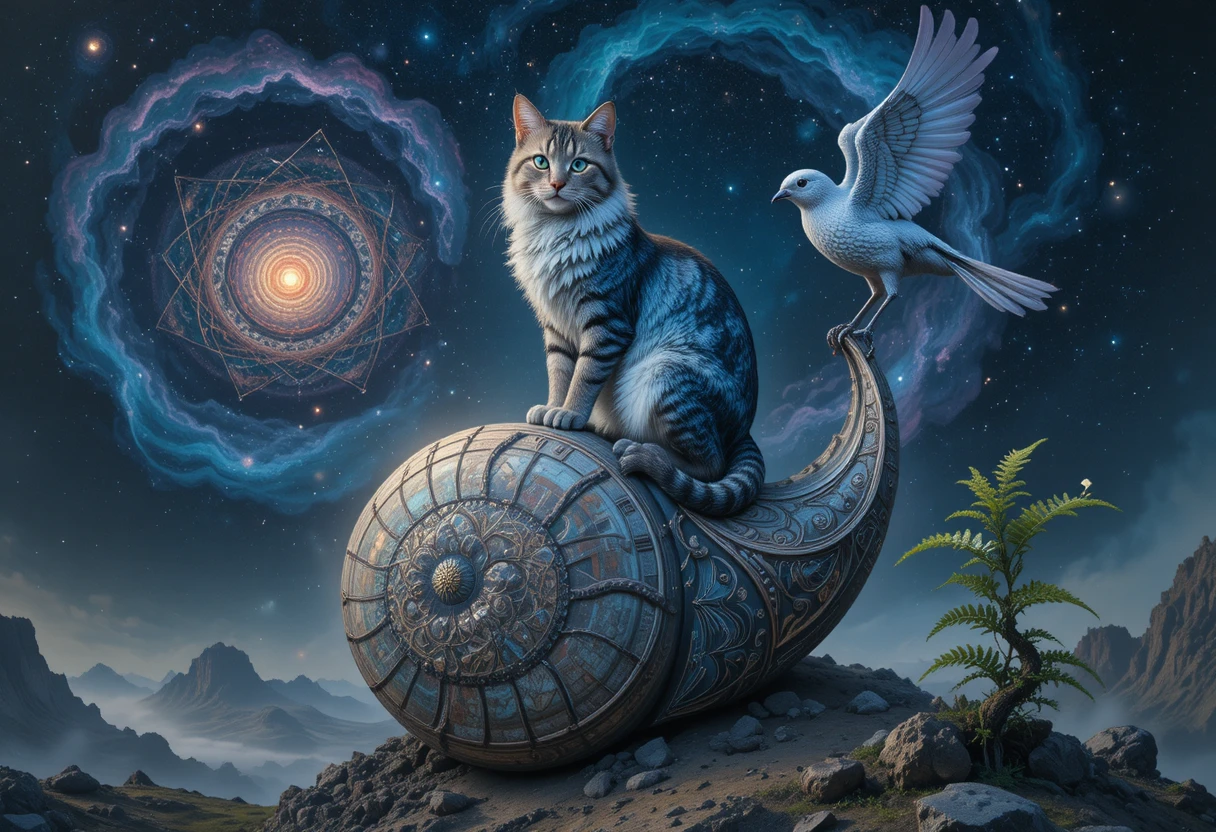 Regale gatto fantasy seduto su una conchiglia a spirale di nautilus