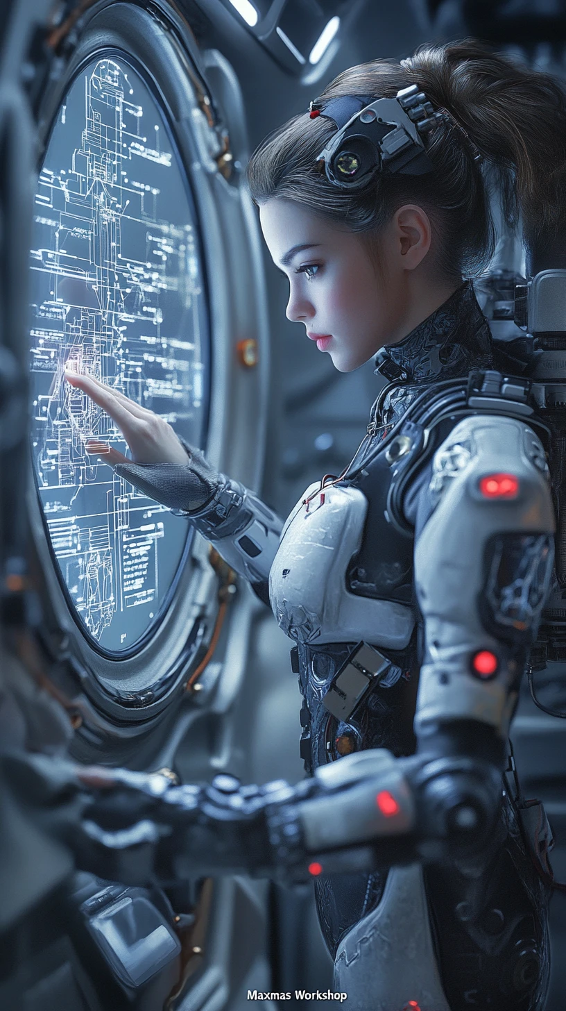 Cinematische Mecha-Frau, die das Diagramm eines Weltraumkriegsschiffs studiert