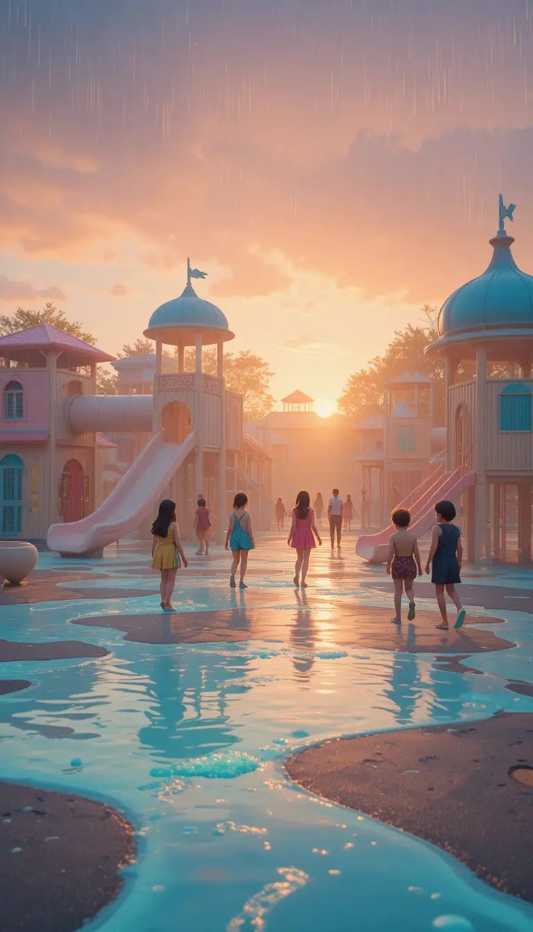 Pastell-Spielplatz im sanften Sonnenuntergangsregen mit ruhigen Kindern