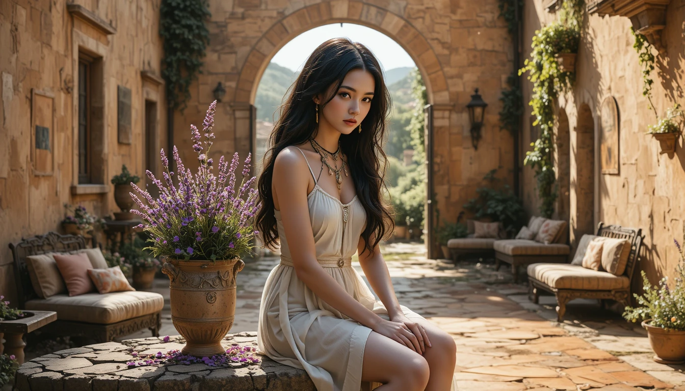 Femme romaine sur un banc de pierre dans une cour toscane en délabrement