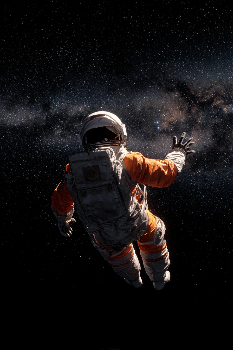 在深邃太空中漂浮並伸手觸及星辰的太空人
