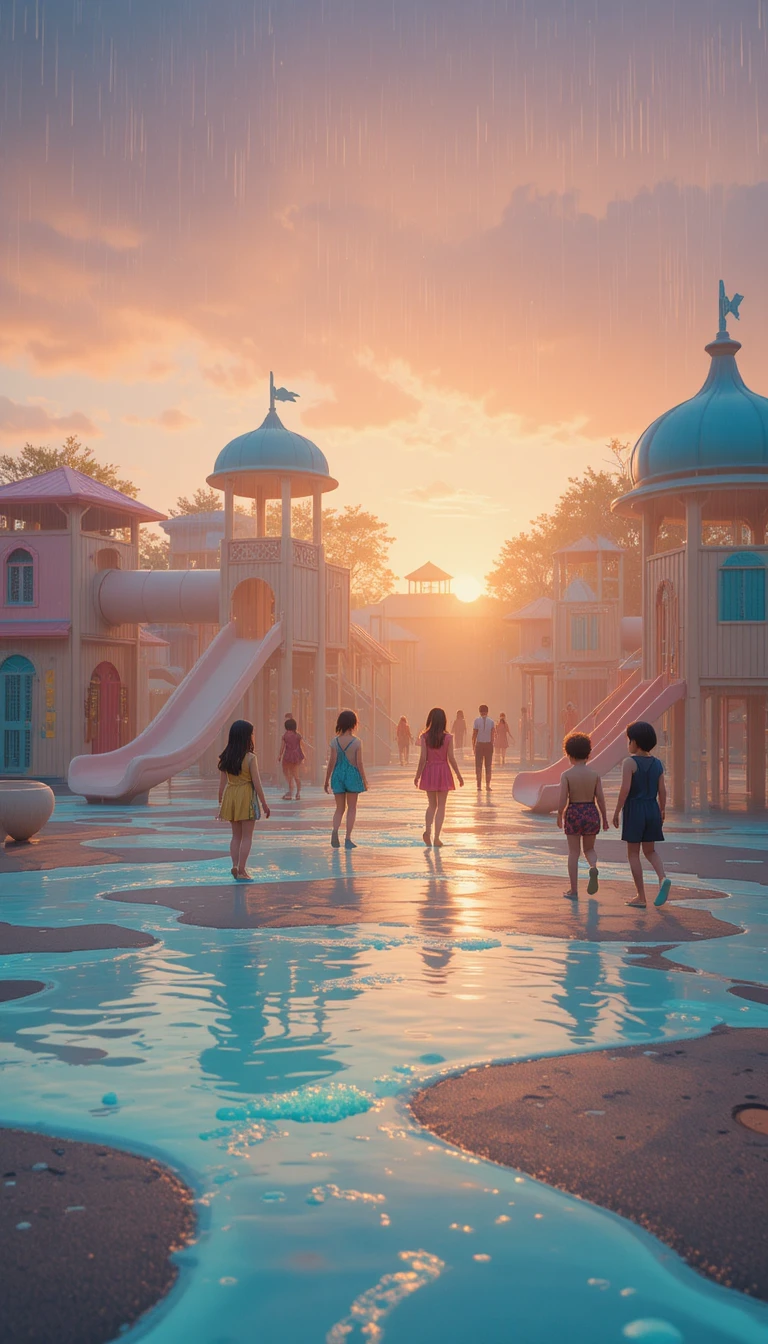 Pastell-Spielplatz im sanften Sonnenuntergangsregen mit ruhigen Kindern