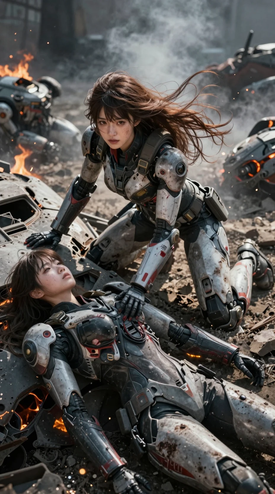 Wounded sci fi soldier crawling from burning armored wreck