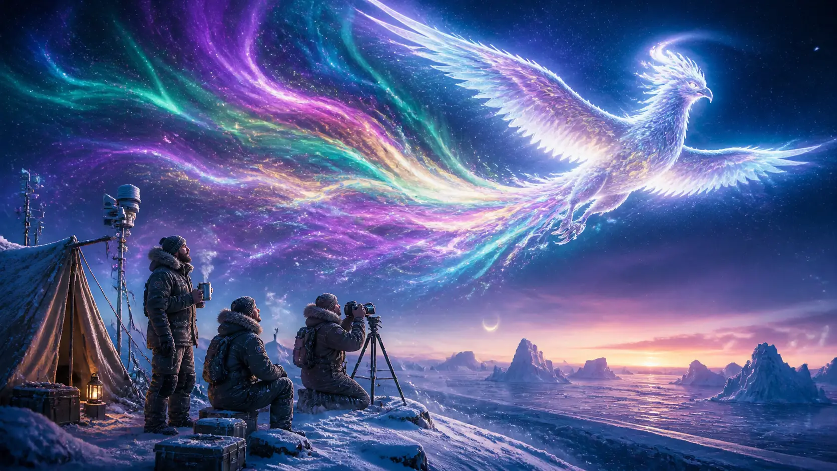 Arktische Wissenschaftler beobachten eine leuchtende Phönix-Aurora über dem Camp