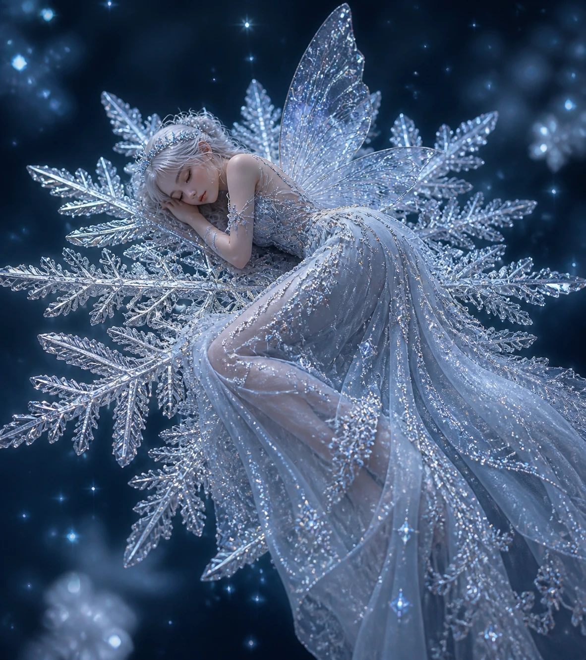 Fada de inverno adormecida sobre um floco de neve de cristal