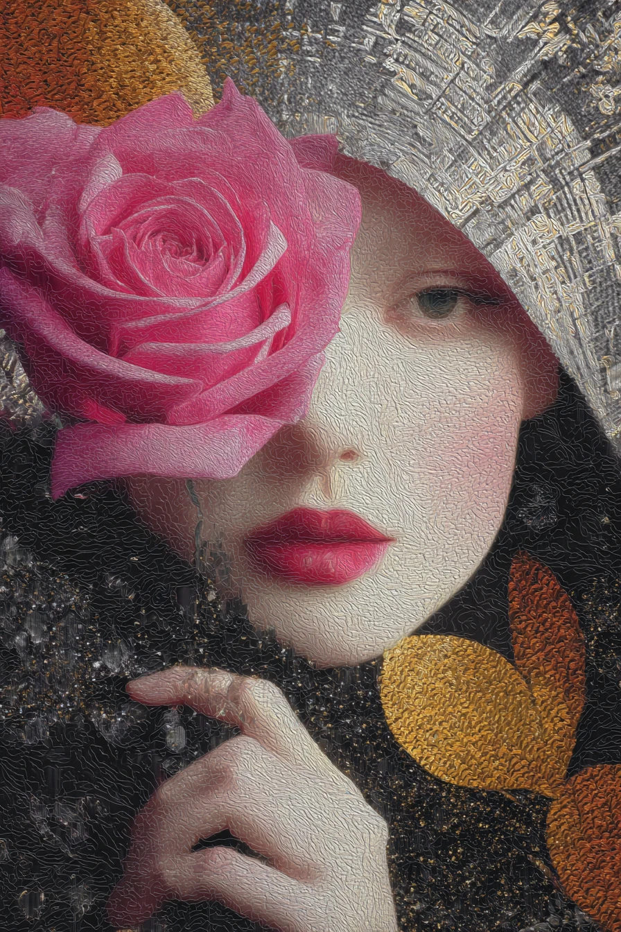Retrato surreal de uma mulher com lábios de pétalas de rosa