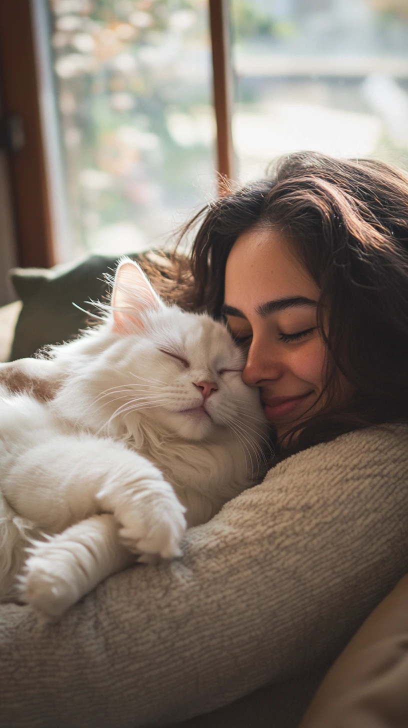 Mulher sorridente abraçando gato branco em sala de estar aconchegante