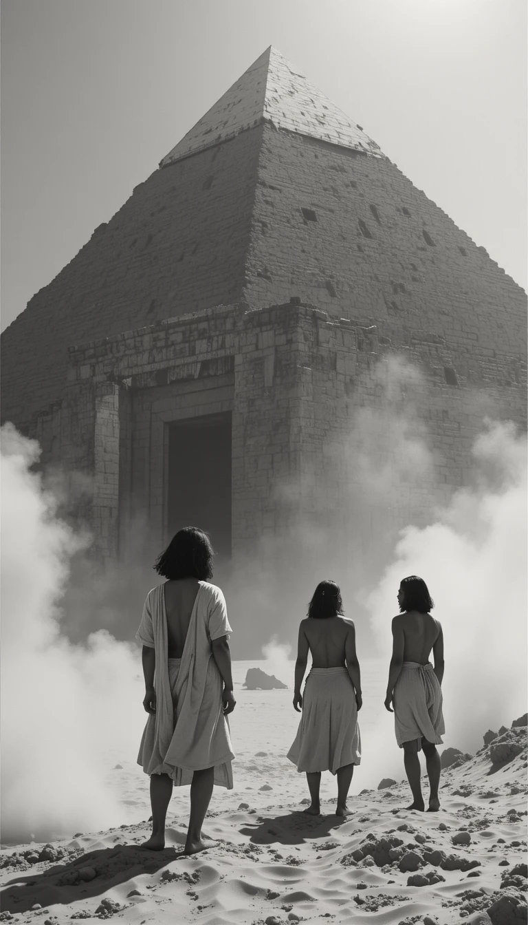 Géantes figures humaines dans une scène de pyramide du désert de l'Égypte antique