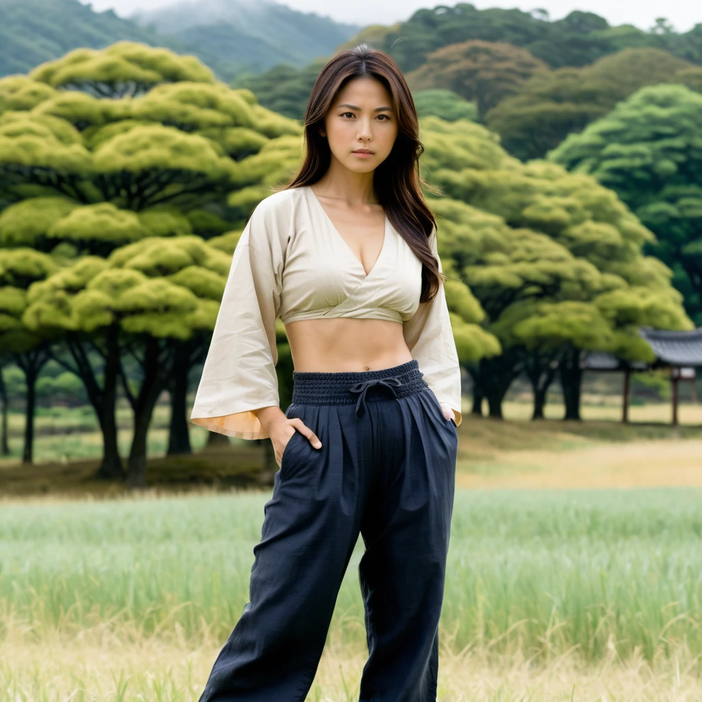 Femme mexicaine en pantalon ample debout dans un champ nuageux