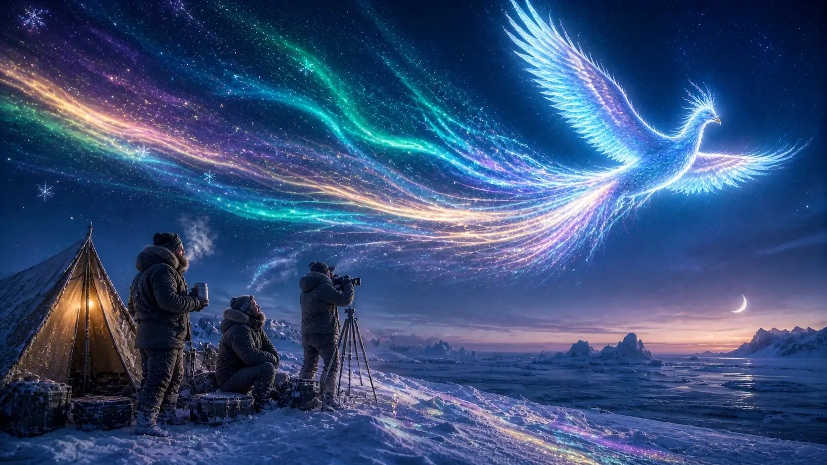 Arktis-Forscher beobachten einen leuchtenden Aurora-Phönix in der Dämmerung