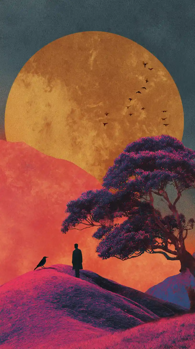 Moody surreal vintage collage with minimalist abstract forms