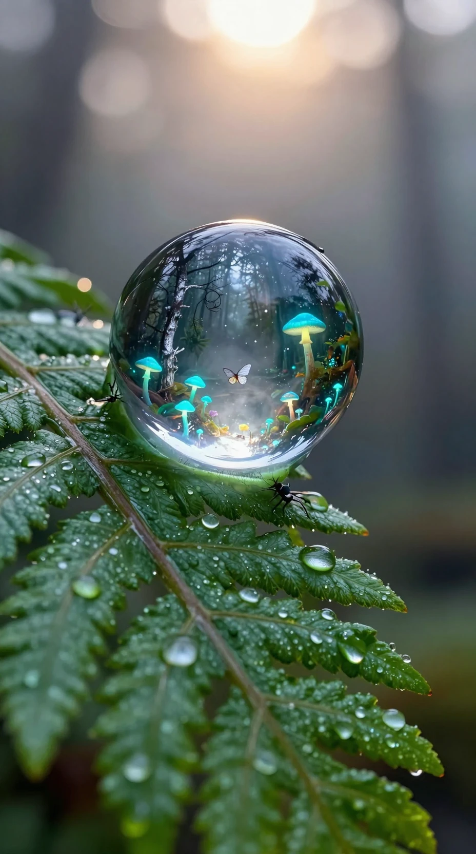 Macro dew drop on fern leaf revealing tiny glowing forest